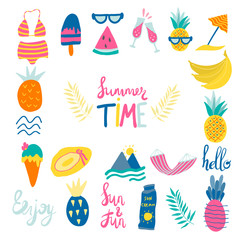 Summer and beach vacation elements set, colorful flat vector illustration isolated on white background