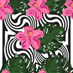 Fototapeten Print summer exotic jungle plant tropical palm leaves and flower red hibiscus. Pattern, seamless floral © MichiruKayo