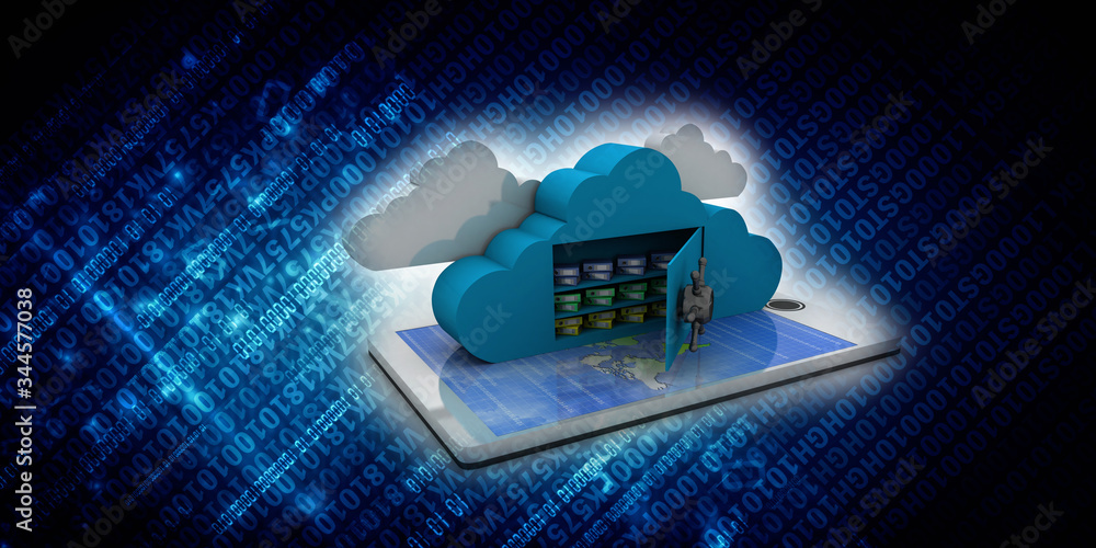 Poster 3d rendering cloud online storage icons with mobile