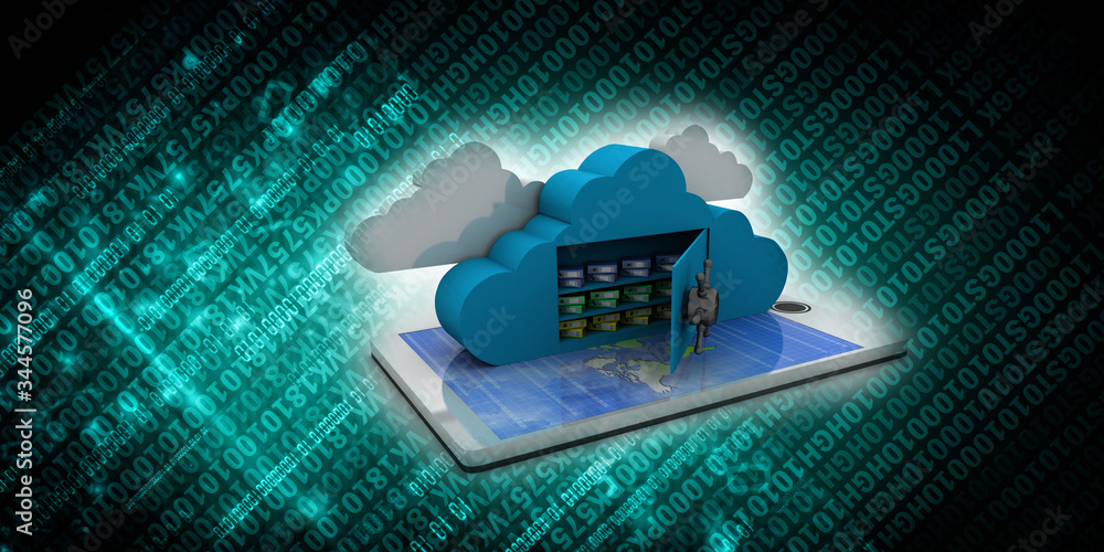 Poster 3d rendering cloud online storage icons with mobile