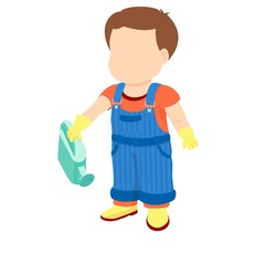 Boy in a denim overall holding a watering can