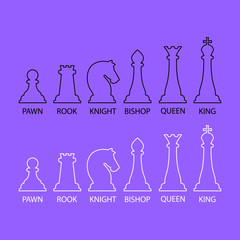 Silhouettes of chess pieces. Chess icons. Vector chess. Playing chess on the Board. King, Queen, rook, knight, Bishop, pawn.