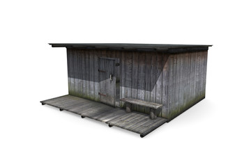 3D render wooden shed on a white background. Isolate 3d model