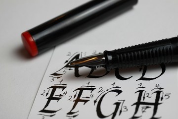 Viersen, Germany - April 30. 2020: Handwriting and calligraphy learning concept: Macro closeup of...
