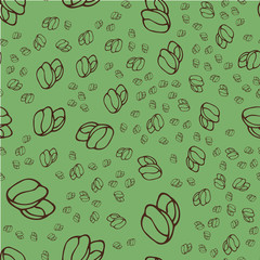 Coffee beans on a green background. Seamless pattern, vector on a background of color of a sheet of coffee. Simple coffee beans, nature, the color of natural foliage.