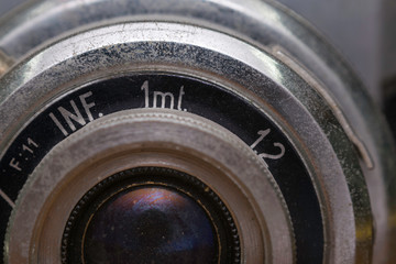 Macro detail of an old camera, detail of the lens with numbers