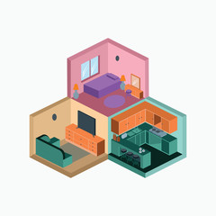 isometric interior building - bedroom living room and kitchen cartoon graphic