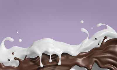 Milk and chocolate splash on floor smooth abstract shapes , isolated on  purple background , 3d illustration 3D Rendering