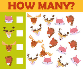 Counting animal games for preschool kids sheet layout in colorful printable version