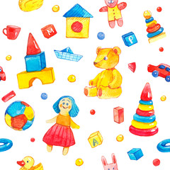 Kids toys watercolor, bright seamless cartoon baby background. Blue, red and yellow vintage doll, wooden bricks, teddy bear and pyramids