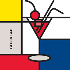 Cherry cocktail in Martini glass. Modern style art with rectangular colour blocks. Piet Mondrian style pattern.