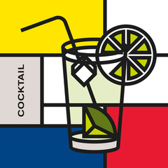 Highball glass cocktail lime. Modern style art with rectangular colour blocks. Piet Mondrian style pattern.