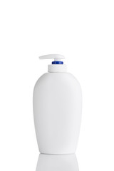 cosmetic mock up bottle isolated on white background. jar for skincare product cream, shampoo, conditioner, foam. Empty, clean white plastic bottles with pump dispenser