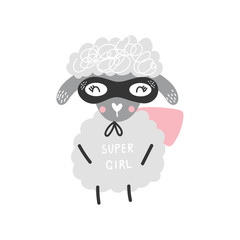 Cute cartoon sheep animal. Superhero character, vector illustration.