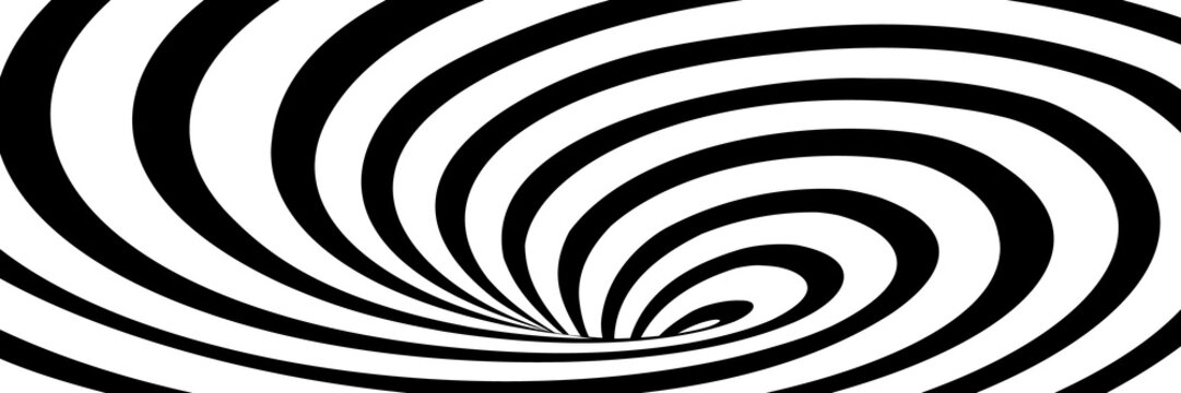 Vector abstract illustration of swirl vortex with stripes. Trendy 3d background in op art style, optical illusion. Long horizontal banner