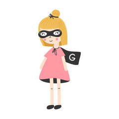 Cute kids cartoon ginger superhero girl. Vector illustration.