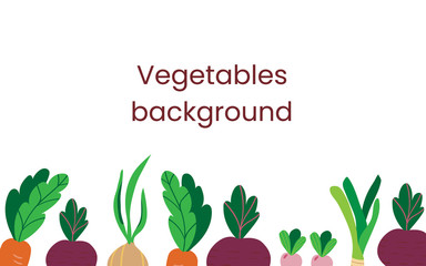 Fresh vegetables background with space for text. Template for menu design, postcards, invitations. Vegetables on a white background. Flat vector illustration