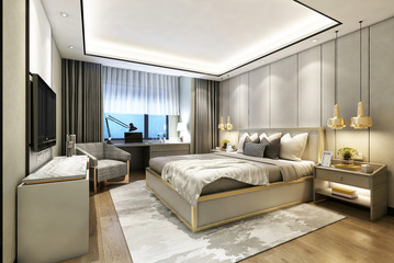 3D rendering modern bedroom suite in hotel with tv and work table