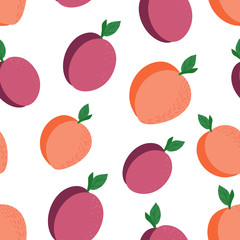 Seamless pattern with bright summer tropical plum, peach print. Bright flat vector illustration. can be used for print, textile, background.