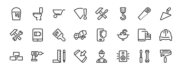 Set of construction icons, simple vector lines, contains the following icons: builder, roller, hammer with wrench, toilet bowl and much more. Editable stroke. 48x48 pixels perfect, white background