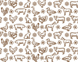 Seamless pattern with farm animals and birds vector isolated illustrations for groceries, meat stores, restaurant menu © Vladislav Troshin