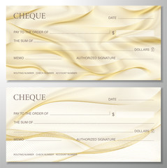 Check, Cheque (Chequebook template). Guilloche pattern with abstract line gold watermark. Golden background for banknote, money design, currency, bank note, Voucher, Gift certificate, coupon