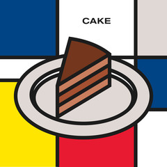 Stylish delicious chocolate cake in plate. Modern style art with rectangular colour blocks. Piet Mondrian style pattern.
