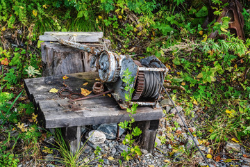 Old hand winch for pulling boats ashore. Russia, Altai Republic, Lake Teletskoye