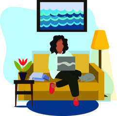 The girl is sitting with a laptop on her lap. The girl is sitting on the sofa. Concept of work at home, online training