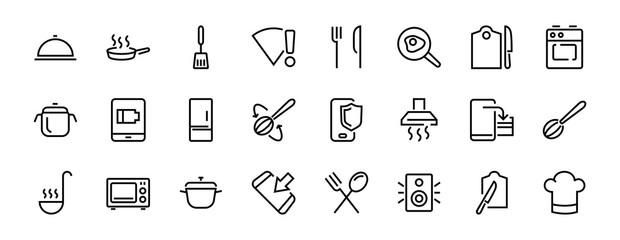Set of cooking and kitchen icons, Vector lines, contains icons such as frying pan, frying, microwave, fork with spoon, Editable stroke, perfect 480x480 pixels, white background.