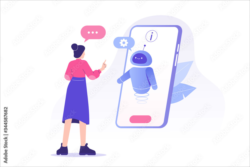 Poster chatbot ai and customer service concept. young woman talking with chatbot in a big smartphone screen