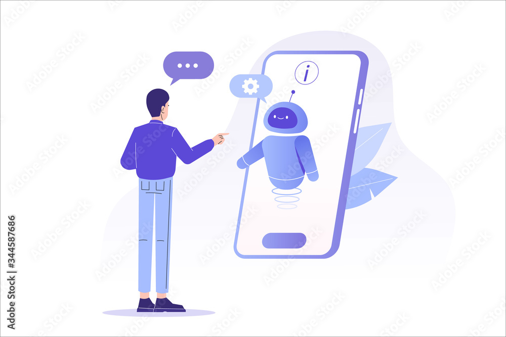 Aufkleber chatbot ai and customer service concept. young man talking with chatbot in a big smartphone screen. 