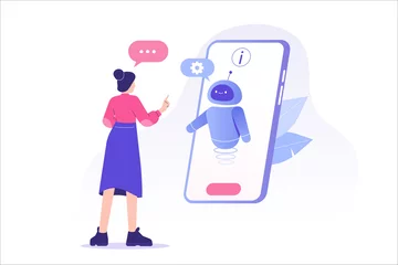 Fotobehang Chatbot ai and customer service concept. Young woman talking with chatbot in a big smartphone screen. Chat bot virtual assistant via messaging. Customer support. Helping. Vector isolated illustration © Muqamba