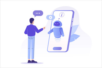 Chatbot ai and customer service concept. Young man talking with chatbot in a big smartphone screen. Chat bot virtual assistant via messaging. Customer support. Helping. Vector isolated illustration - obrazy, fototapety, plakaty