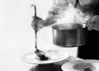 Chef preparing food in the kitchen, chef cooking, Chef decorating dish