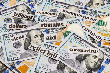 Covid-19  coronavirus newspaper headlines and 100 dollar bills. Stimulus aid relief bill, unemployment and recession concept - obrazy, fototapety, plakaty
