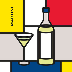 Martini bottle with cocktail glass. Modern style art with rectangular colour blocks. Piet Mondrian style pattern.