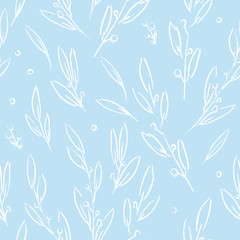 Baby blue seamless pattern with handdrawn white outlines of leaves, twigs and berries.