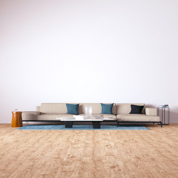Realistic Room Render with Wooden Floors, Cozy Sofa and Pillows