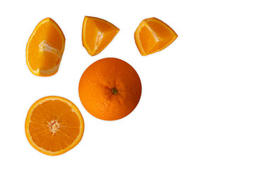 Fresh orange healthy vitamin c summer fruit cutting into small and half pieces with dropped shadow displaying on isolated white background 