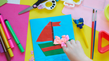 School supplies, stationery on yellow background - space for caption. Child ready to draw with...