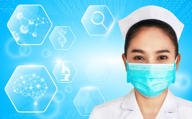 illustration of female doctor isolated on blue background,brain and human body heal ,technology...