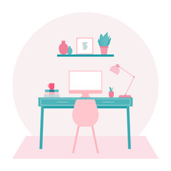 Fototapeta premium Home office interior design with furniture: computer,desk,chair,table lamp, books,computer,plant,picture frame and carpet. Modern interior design flat vector illustration.