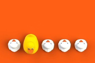 Close up of mum and baby rubber ducks isolated. Bath toys on a orange background. Top view with copy space. Summer wallpaper. 3d rendering.