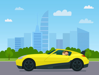 Sport coupe car with a driver man and woman on a background cityscape. Vector flat style illustration.