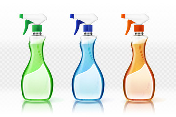 Set of blue, orange, green glossy plastic bottles for hygienic, antiseptic, cleaning products, sprays. To present your label. Objects, label, shadow, highlights and reflection on separate layers. The