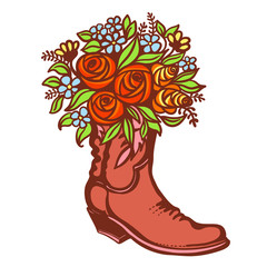 Flowers in boot. Cowboy boot with sunflowers. Vector color printable illustration isolated on white background. Hand drawn vector close-up graphic illustration. Country bouquete