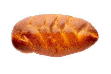 Fresh bread isolated on white background.  Freshly baked bun on a white plate. Bread viewed from above