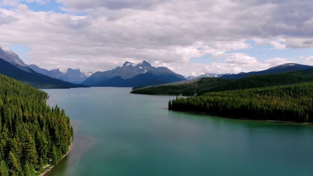 Aerial view of Maligne Lake in the Canadian Rocky mountains of Jasper Alberta