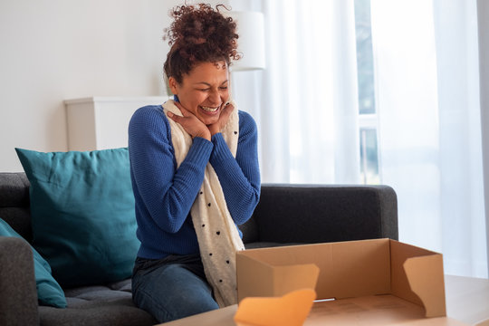 Black Woman Portrait Unboxing Package After Delivery